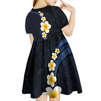 Pacific Hibiscus and Plumeria with Tapa Pattern Kid Short Sleeve Dress Dark Blue Color