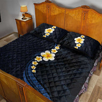 Pacific Hibiscus and Plumeria with Tapa Pattern Quilt Bed Set Dark Blue Color