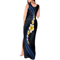 Pacific Hibiscus and Plumeria with Tapa Pattern Tank Maxi Dress Dark Blue Color