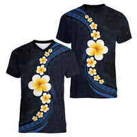 Pacific Hibiscus and Plumeria with Tapa Pattern Women V-Neck T-Shirt Dark Blue Color
