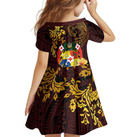 Tonga Ngatu and Hibiscus with Polynesian Tattoo Family Matching Off Shoulder Short Dress and Hawaiian Shirt Gold and Oxblood Color LT03 - Polynesian Pride