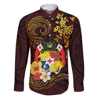 Tonga Ngatu and Hibiscus with Polynesian Tattoo Family Matching Off Shoulder Short Dress and Hawaiian Shirt Gold and Oxblood Color LT03 Dad's Shirt - Long Sleeve Oxblood - Polynesian Pride