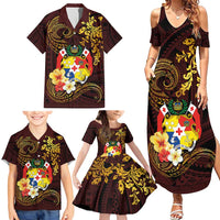 Tonga Ngatu and Hibiscus with Polynesian Tattoo Family Matching Summer Maxi Dress and Hawaiian Shirt Gold and Oxblood Color