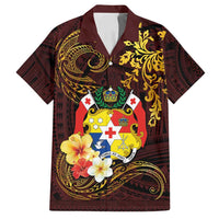 Tonga Ngatu and Hibiscus with Polynesian Tattoo Family Matching Tank Maxi Dress and Hawaiian Shirt Gold and Oxblood Color