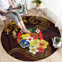 Tonga Ngatu and Hibiscus with Polynesian Tattoo Round Carpet Gold and Oxblood Color LT03 - Polynesian Pride