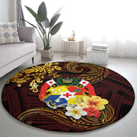 Tonga Ngatu and Hibiscus with Polynesian Tattoo Round Carpet Gold and Oxblood Color LT03 - Polynesian Pride