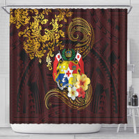 Tonga Ngatu and Hibiscus with Polynesian Tattoo Shower Curtain Gold and Oxblood Color