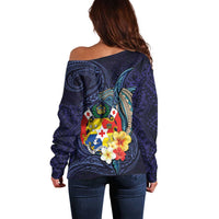 Tonga Vava'u Humpback Whale Blue Water Off Shoulder Sweater Polynesian Hibiscus Flowers