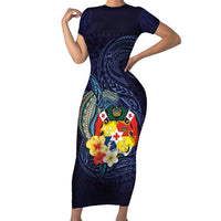 Tonga Vava'u Humpback Whale Blue Water Short Sleeve Bodycon Dress Polynesian Hibiscus Flowers LT03 Long Dress Blue - Polynesian Pride