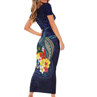 Tonga Vava'u Humpback Whale Blue Water Short Sleeve Bodycon Dress Polynesian Hibiscus Flowers LT03 - Polynesian Pride