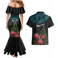 Personalized New Zealand Christmas Couples Matching Mermaid Dress and Hawaiian Shirt Maori Santa Pikorua and Pohutukawa Meri Kirihimete LT03 - Polynesian Pride