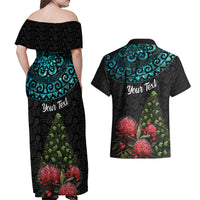 Personalized New Zealand Christmas Couples Matching Off Shoulder Maxi Dress and Hawaiian Shirt Maori Santa Pikorua and Pohutukawa Meri Kirihimete LT03 - Polynesian Pride
