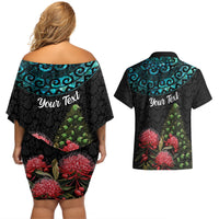 Personalized New Zealand Christmas Couples Matching Off Shoulder Short Dress and Hawaiian Shirt Maori Santa Pikorua and Pohutukawa Meri Kirihimete LT03 - Polynesian Pride