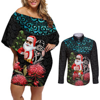 Personalized New Zealand Christmas Couples Matching Off Shoulder Short Dress and Long Sleeve Button Shirt Maori Santa Pikorua and Pohutukawa Meri Kirihimete LT03 Black - Polynesian Pride
