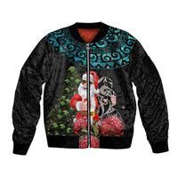 Personalized New Zealand Christmas Sleeve Zip Bomber Jacket Maori Santa Pikorua and Pohutukawa Meri Kirihimete LT03 Unisex Black - Polynesian Pride