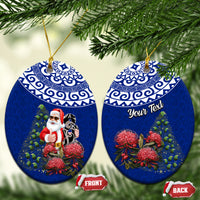 Personalized New Zealand Christmas Ceramic Ornament Maori Santa Pikorua and Pohutukawa Meri Kirihimete Blue LT03 Oval Blue - Polynesian Pride