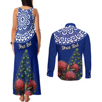 Personalized New Zealand Christmas Couples Matching Tank Maxi Dress and Long Sleeve Button Shirt Maori Santa Pikorua and Pohutukawa Meri Kirihimete Blue LT03 - Polynesian Pride