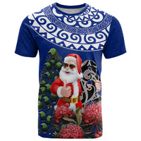 Personalized New Zealand Christmas T Shirt Maori Santa Pikorua and Pohutukawa Meri Kirihimete Blue LT03 Blue - Polynesian Pride