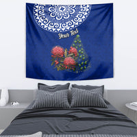 Personalized New Zealand Christmas Tapestry Maori Santa Pikorua and Pohutukawa Meri Kirihimete Blue LT03 - Polynesian Pride