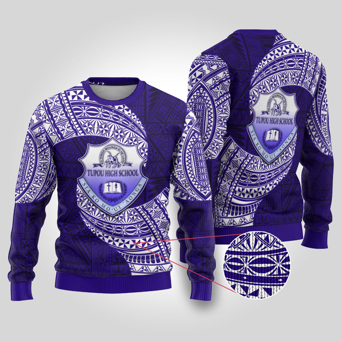 Tonga Tupou High School Ugly Christmas Sweater Traditional Ngatu and Polynesian Pattern LT03 Blue - Polynesian Pride