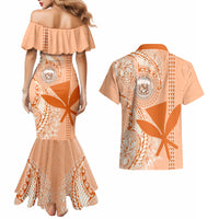 Kanaka Maoli Tropical Flowers with Kakau Tribal Couples Matching Mermaid Dress and Hawaiian Shirt Peach Fuzz Color LT03 - Polynesian Pride