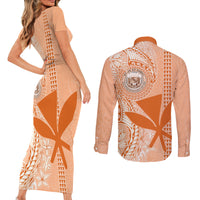 Kanaka Maoli Tropical Flowers with Kakau Tribal Couples Matching Short Sleeve Bodycon Dress and Long Sleeve Button Shirt Peach Fuzz Color LT03 - Polynesian Pride