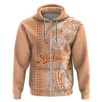Kanaka Maoli Tropical Flowers with Kakau Tribal Hoodie Peach Fuzz Color LT03 Zip Hoodie Peach Fuzz - Polynesian Pride