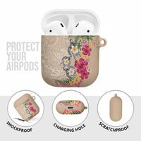 Hawaiian Tropical Flowers and Tribal Turtles AirPods Case Polynesian Art Motifs Beige Color - Polynesian Pride