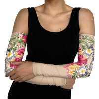 Hawaiian Tropical Flowers and Tribal Turtles Arm Sleeves Polynesian Art Motifs Beige Color - Polynesian Pride