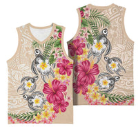 Hawaiian Tropical Flowers and Tribal Turtles Basketball Jersey Polynesian Art Motifs Beige Color - Polynesian Pride