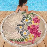 Hawaiian Tropical Flowers and Tribal Turtles Beach Blanket Polynesian Art Motifs Beige Color - Polynesian Pride