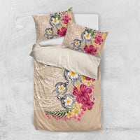 Hawaiian Tropical Flowers and Tribal Turtles Bedding Set Polynesian Art Motifs Beige Color - Polynesian Pride