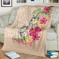 Hawaiian Tropical Flowers and Tribal Turtles Blanket Polynesian Art Motifs Beige Color - Polynesian Pride