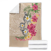 Hawaiian Tropical Flowers and Tribal Turtles Blanket Polynesian Art Motifs Beige Color - Polynesian Pride