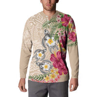 Hawaiian Tropical Flowers and Tribal Turtles Button Sweatshirt Polynesian Art Motifs Beige Color - Polynesian Pride