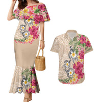 Hawaiian Tropical Flowers and Tribal Turtles Couples Matching Mermaid Dress and Hawaiian Shirt Polynesian Art Motifs Beige Color - Polynesian Pride