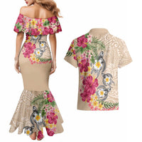 Hawaiian Tropical Flowers and Tribal Turtles Couples Matching Mermaid Dress and Hawaiian Shirt Polynesian Art Motifs Beige Color - Polynesian Pride