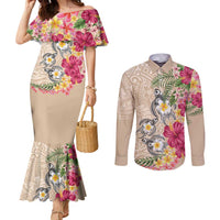 Hawaiian Tropical Flowers and Tribal Turtles Couples Matching Mermaid Dress and Long Sleeve Button Shirt Polynesian Art Motifs Beige Color - Polynesian Pride