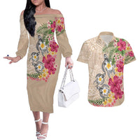 Hawaiian Tropical Flowers and Tribal Turtles Couples Matching Off The Shoulder Long Sleeve Dress and Hawaiian Shirt Polynesian Art Motifs Beige Color - Polynesian Pride