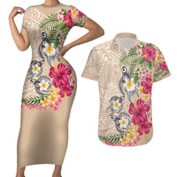 Hawaiian Tropical Flowers and Tribal Turtles Couples Matching Short Sleeve Bodycon Dress and Hawaiian Shirt Polynesian Art Motifs Beige Color - Polynesian Pride