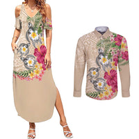 Hawaiian Tropical Flowers and Tribal Turtles Couples Matching Summer Maxi Dress and Long Sleeve Button Shirt Polynesian Art Motifs Beige Color - Polynesian Pride