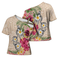 Hawaiian Tropical Flowers and Tribal Turtles Cross Shoulder Shirt Polynesian Art Motifs Beige Color - Polynesian Pride