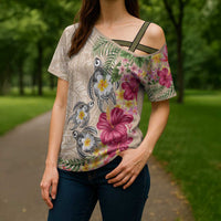 Hawaiian Tropical Flowers and Tribal Turtles Cross Shoulder Shirt Polynesian Art Motifs Beige Color - Polynesian Pride