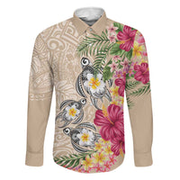 Hawaiian Tropical Flowers and Tribal Turtles Family Matching Long Sleeve Bodycon Dress and Hawaiian Shirt Polynesian Art Motifs Beige Color LT03 Dad's Shirt - Long Sleeve Beige - Polynesian Pride