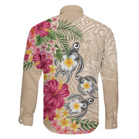 Hawaiian Tropical Flowers and Tribal Turtles Family Matching Long Sleeve Bodycon Dress and Hawaiian Shirt Polynesian Art Motifs Beige Color LT03 - Polynesian Pride