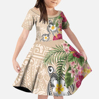Hawaiian Tropical Flowers and Tribal Turtles Family Matching Mermaid Dress and Hawaiian Shirt Polynesian Art Motifs Beige Color LT03 Daughter's Dress Beige - Polynesian Pride