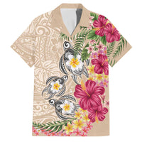 Hawaiian Tropical Flowers and Tribal Turtles Family Matching Mermaid Dress and Hawaiian Shirt Polynesian Art Motifs Beige Color LT03 Dad's Shirt - Short Sleeve Beige - Polynesian Pride