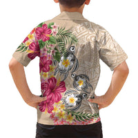 Hawaiian Tropical Flowers and Tribal Turtles Family Matching Off The Shoulder Long Sleeve Dress and Hawaiian Shirt Polynesian Art Motifs Beige Color LT03 - Polynesian Pride