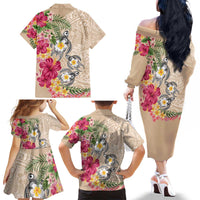 Hawaiian Tropical Flowers and Tribal Turtles Family Matching Off The Shoulder Long Sleeve Dress and Hawaiian Shirt Polynesian Art Motifs Beige Color - Polynesian Pride