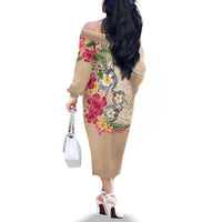 Hawaiian Tropical Flowers and Tribal Turtles Family Matching Off The Shoulder Long Sleeve Dress and Hawaiian Shirt Polynesian Art Motifs Beige Color - Polynesian Pride